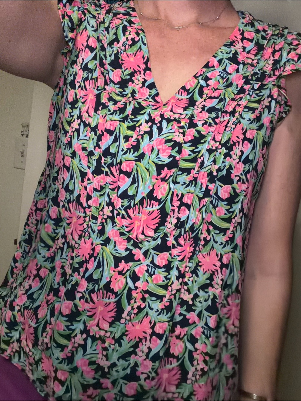 Lilly Pulitzer Joan Tank Top Blouse Pleated Floral Garden Low Tide